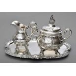 3 Teile Neorokoko Zucker/Rahm Set mit Tablett, Monogramm "ICS", diverse Hersteller, Silber 800,