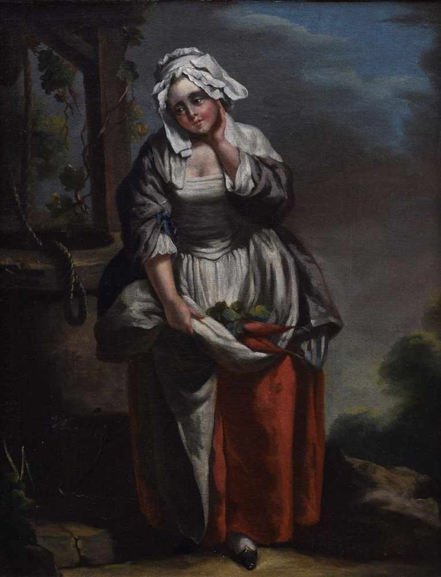 Französischer Maler des 18.Jh. "Sinnende Magd am Brunnen", Öl/Leinwand, 32x25cm (m.R. 49x41,5cm),