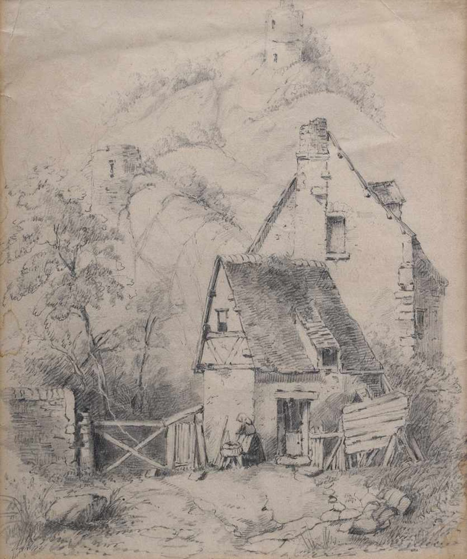 Unbekannter Zeichner "Bauernhaus vor Felsmassiv mit Burgruinen", Blei/Papier, 23x21cm (m.R. 39x36,