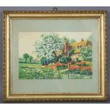 Vergoldeter Stuckrahmen mit Aquarell "Cottage", um 1900, 48x55,5cm Gold plated stucco frame with