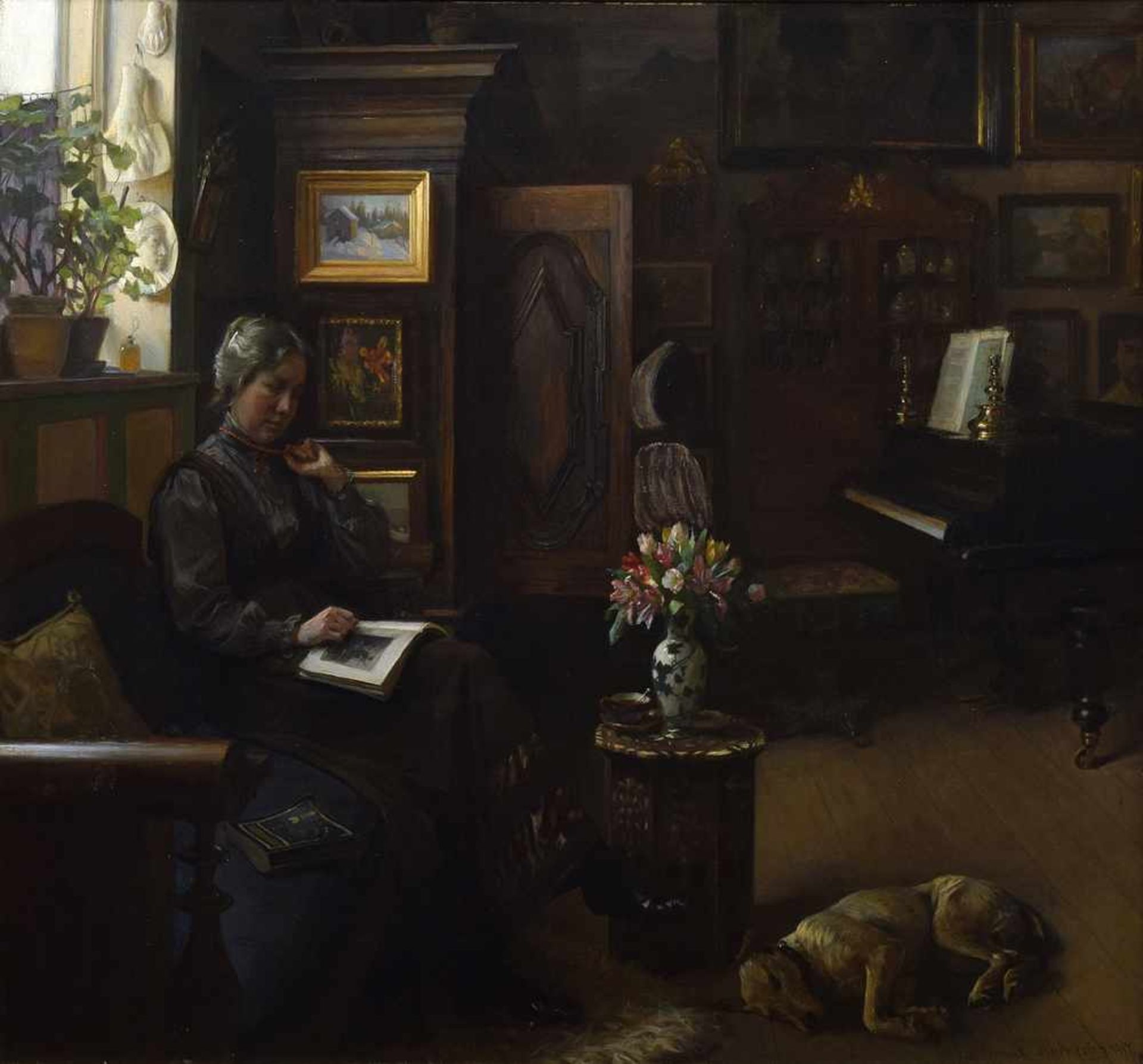 Kornerup, Valdemar (1865-1924) "Interieur mit lesender Frau" 1917, Öl/Leinwand, u.r.sign./dat.,