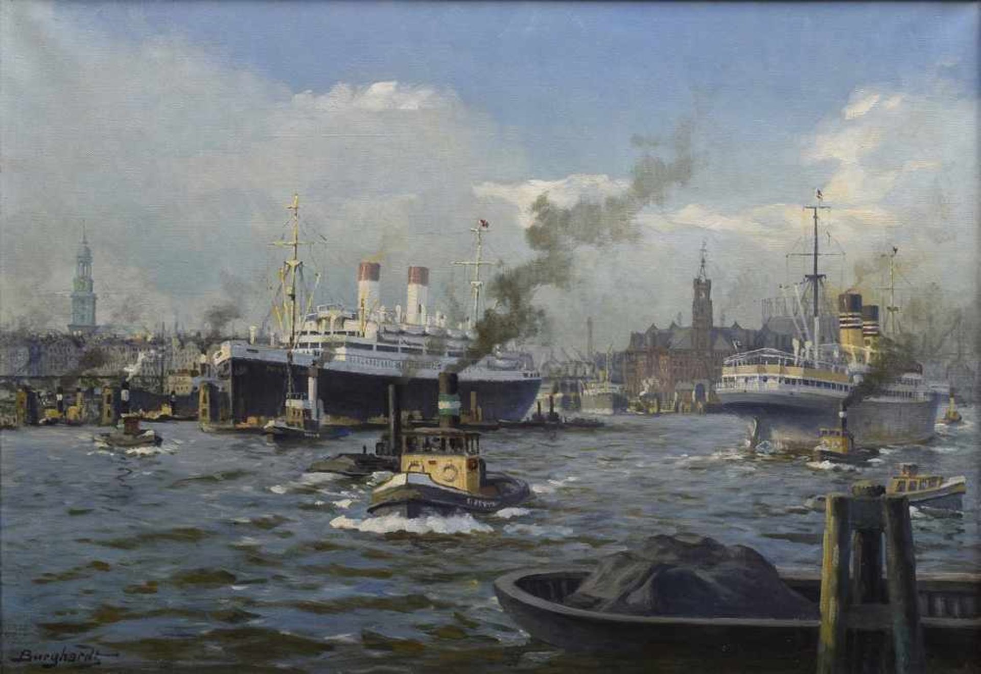 Burghardt, Gustav Paul (1875-1955) "Hamburger Hafen mit Kehrwiederspitze und Schiffsverkehr", Öl/