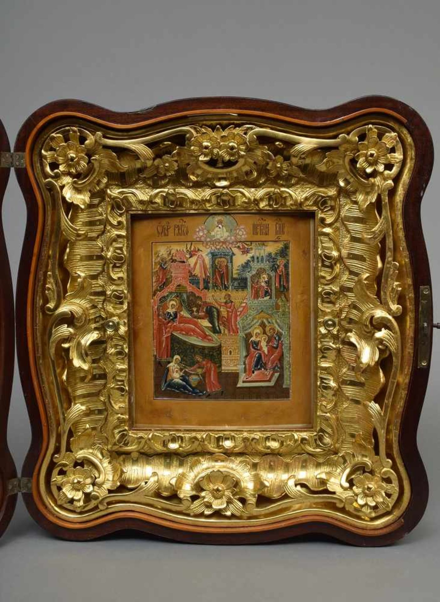 Ikone "Marien Leben" in prunkvoll geschnitzter und vergoldeter Rahmung sowie Kiot, Palech Schule, - Bild 2 aus 9