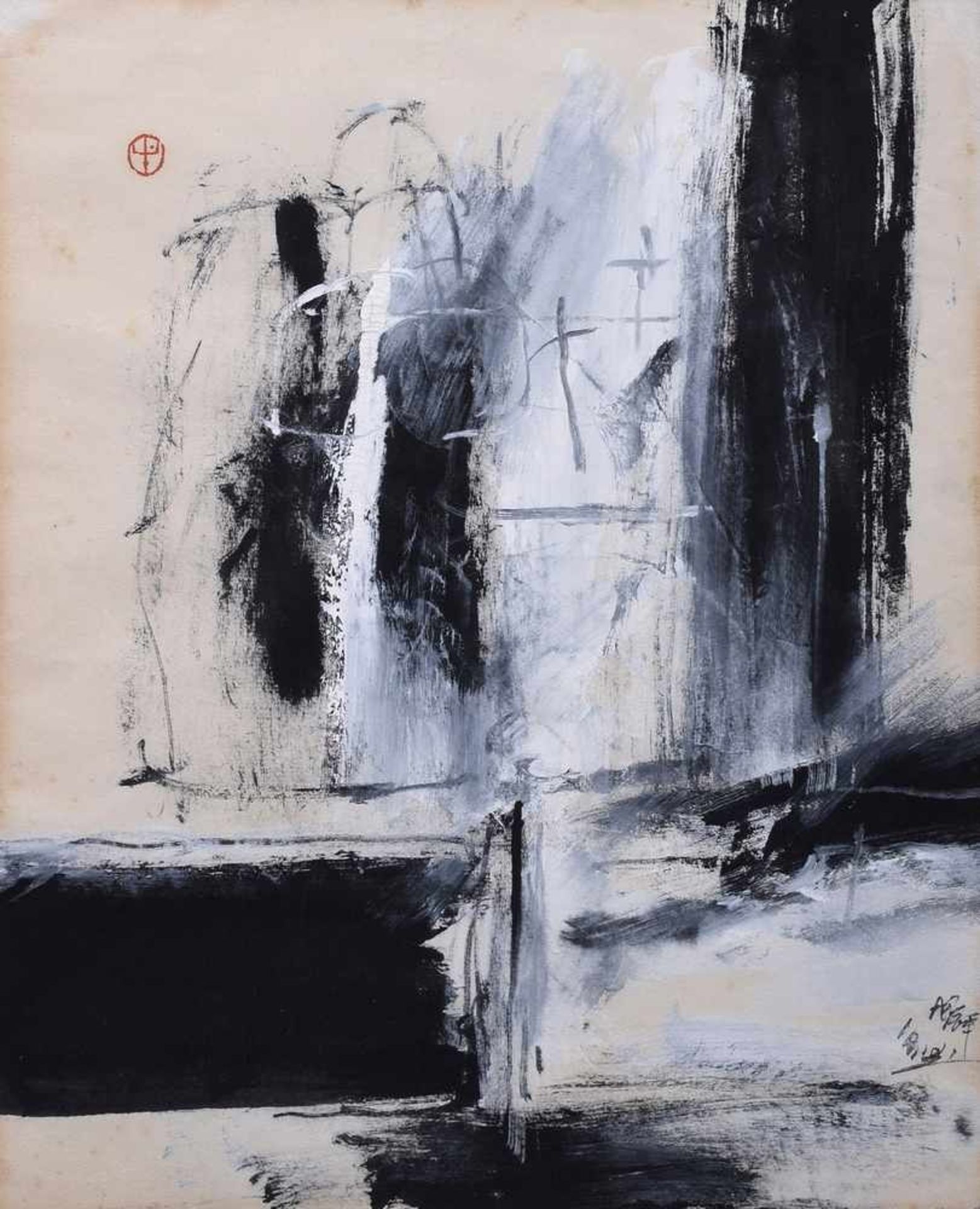 Liu Jian (*1926) "Abstrakte Komposition", Mischtechnik/Papier, o.l. mit Siegel, u.r.sign., verso