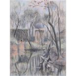Ahlers-Hestermann, Friedrich (1883-1973) "Pavillon an einem Teich mit Neptunskulptur" 1935, Pastell,