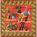 Gucci Seiden Carré "Blumenvasen" auf rotem Grund mit Sonnenblumen Rand, 90x90cmGucci silk Carré ''