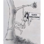 Neugebauer, Peter (*1929) "Gleichberechtigung", Karikatur, Tusche auf Papier, u.l.sign.,