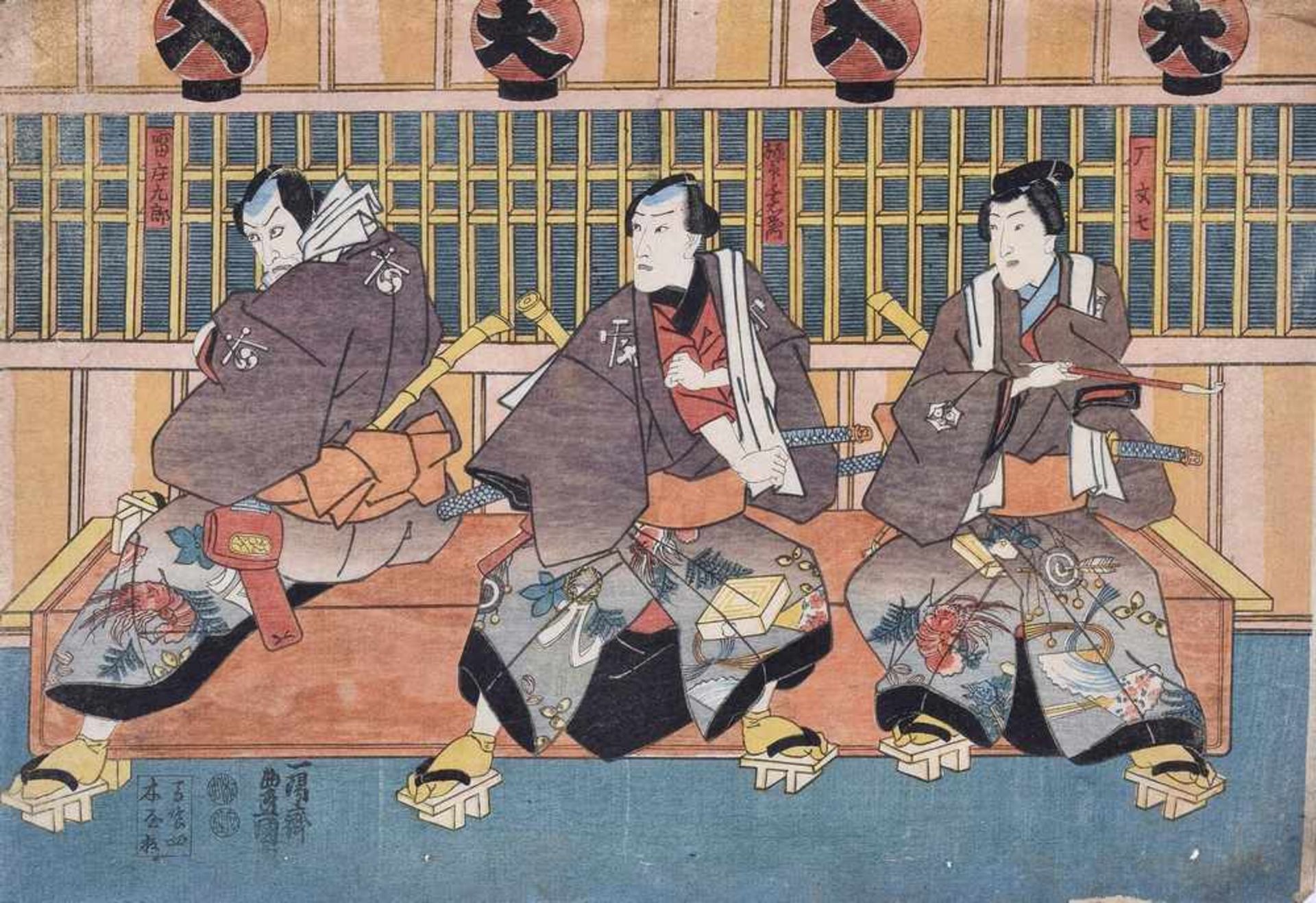 Unbekannter Künstler der Utagawa Schule "Drei Schauspieler als Samurai gekleidet", Farbholzschnitt