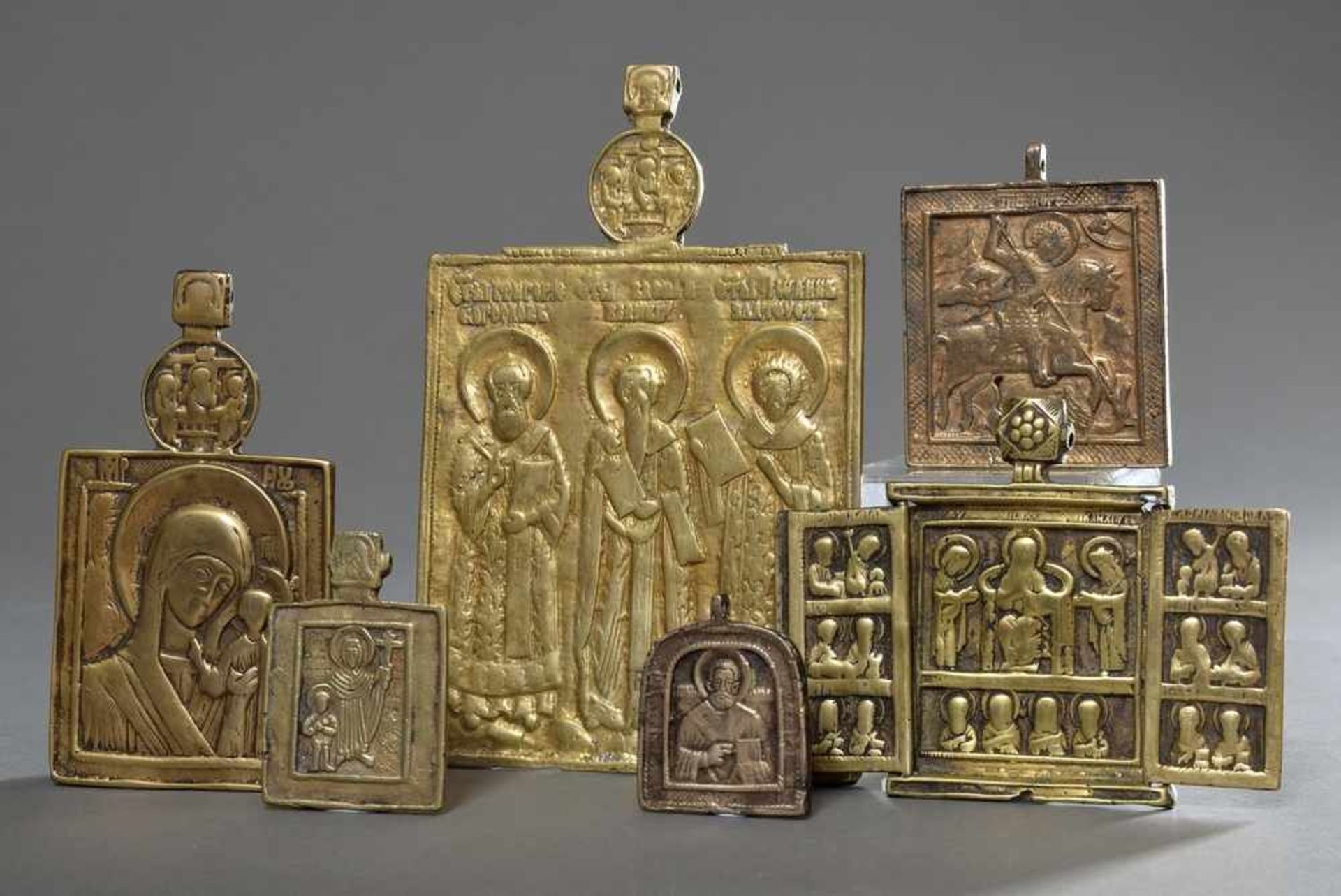 6 Diverse Reise Ikonen, Bronze, Darstellung u.a. "Gottesmutter", "Heiliger Nikolaus", "Heiliger