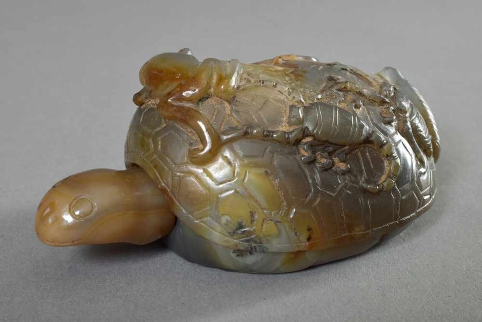 Achat Snuff Bottle in Form einer Schildkröte auf deren Rücken Insekten und Reptilien sitzen, L.