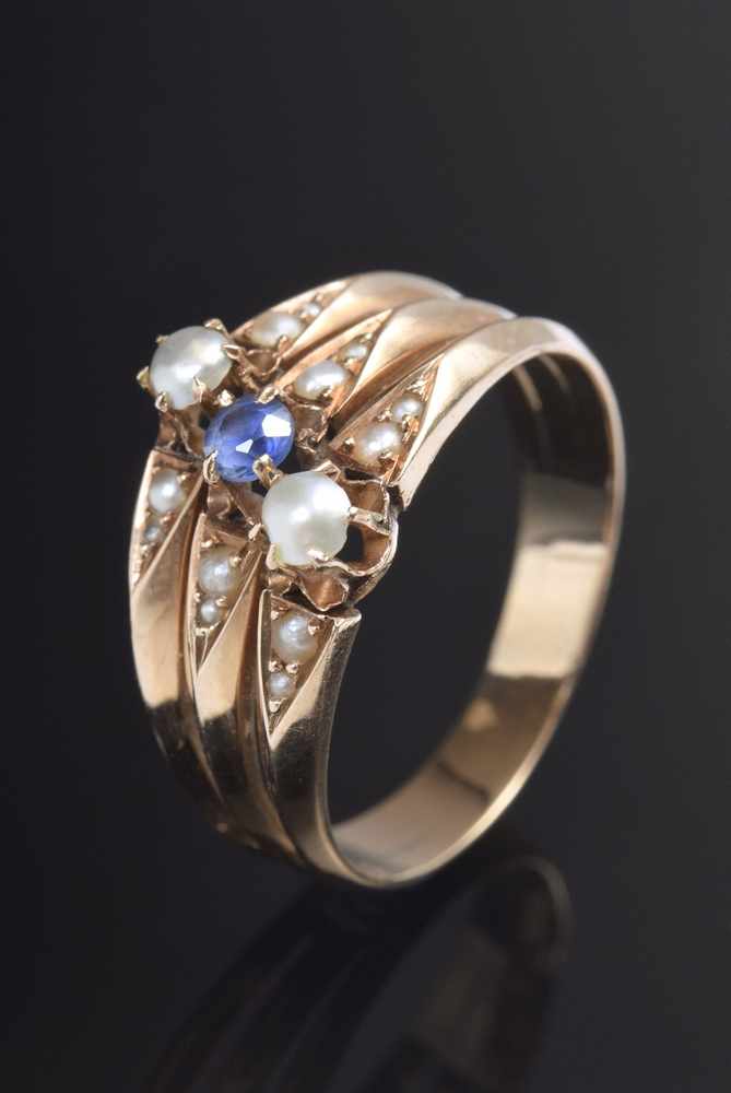Antiker RG 560 Ring mit Saatperlen und blauem synthetischen Saphir, ges. 3,8g, Gr. 56,5Antique RG