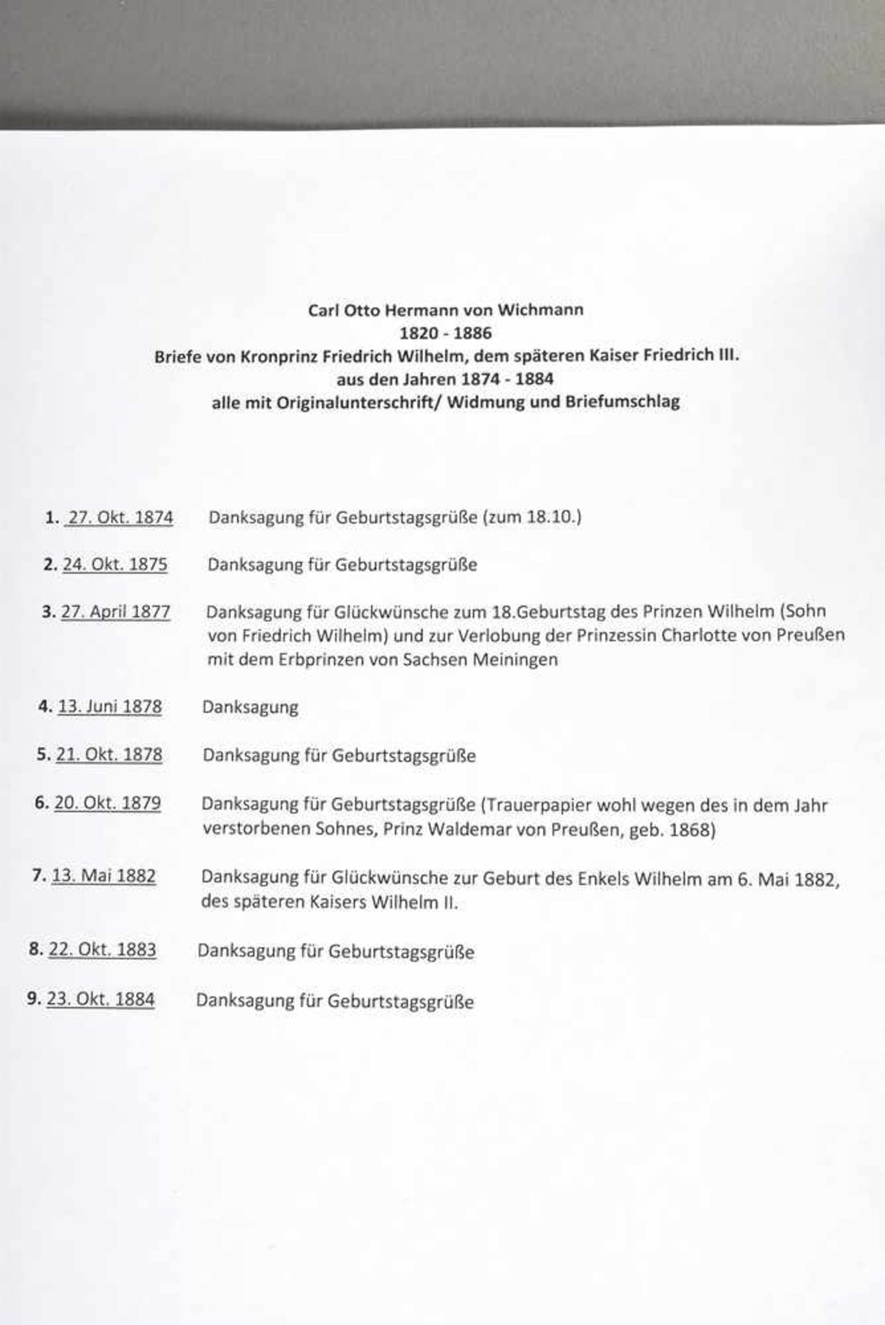 9 Diverse Briefe und Danksagungen für Glückwünsche und Geburtstagsgrüße von Kronprinz Friedrich - Bild 2 aus 2