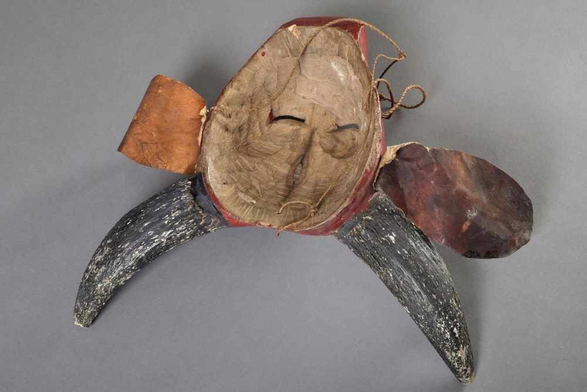 Maske "Nandi" in Form eines Stieres, Holz, farbig gefasst, mit Horn- und Lederbesatz, Java, - Bild 2 aus 3