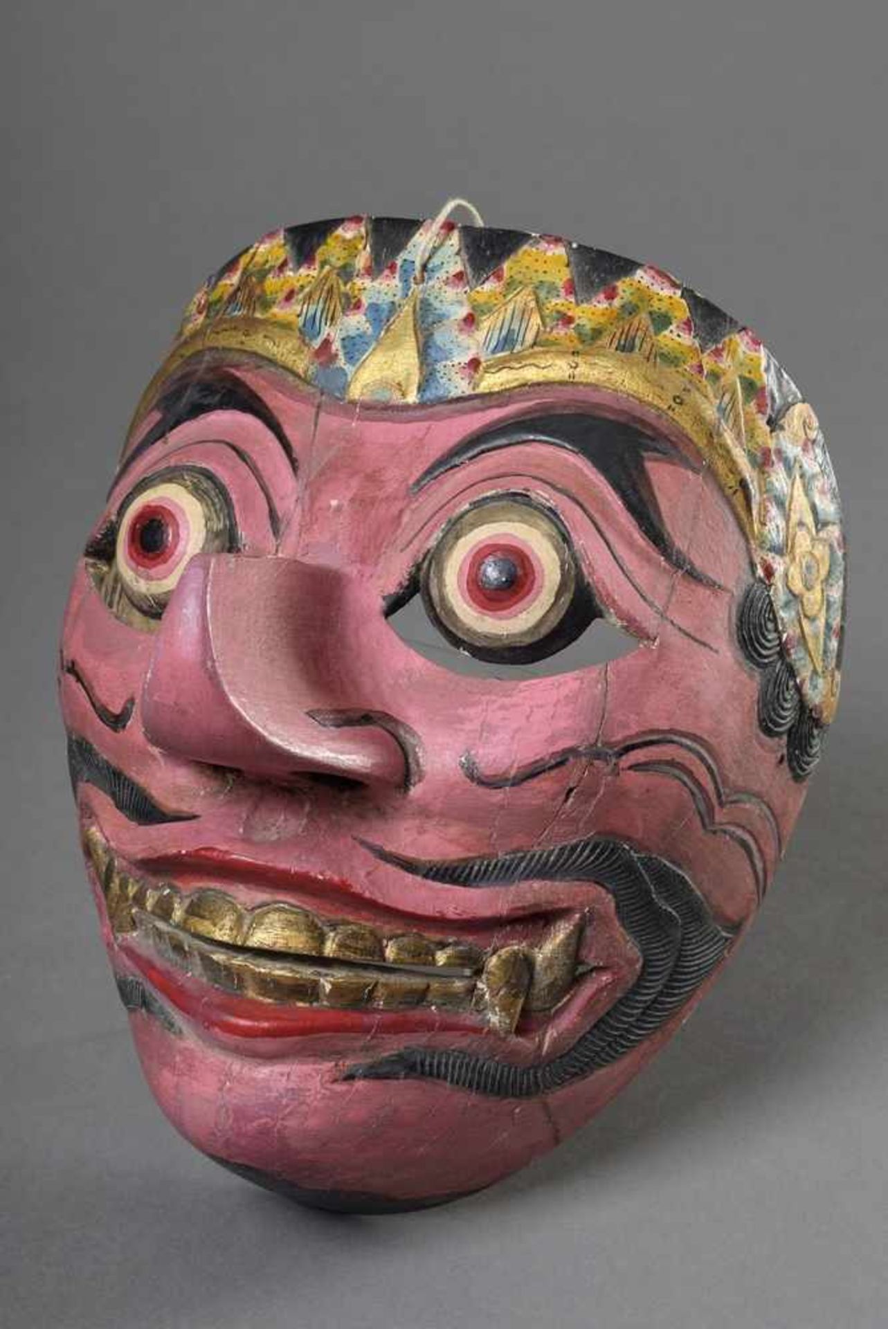 Wayang Topeng Maske "Klana", Holz, farbig gefasst, 19,5x16cm, Spannungsrisse, Java, Indonesien,