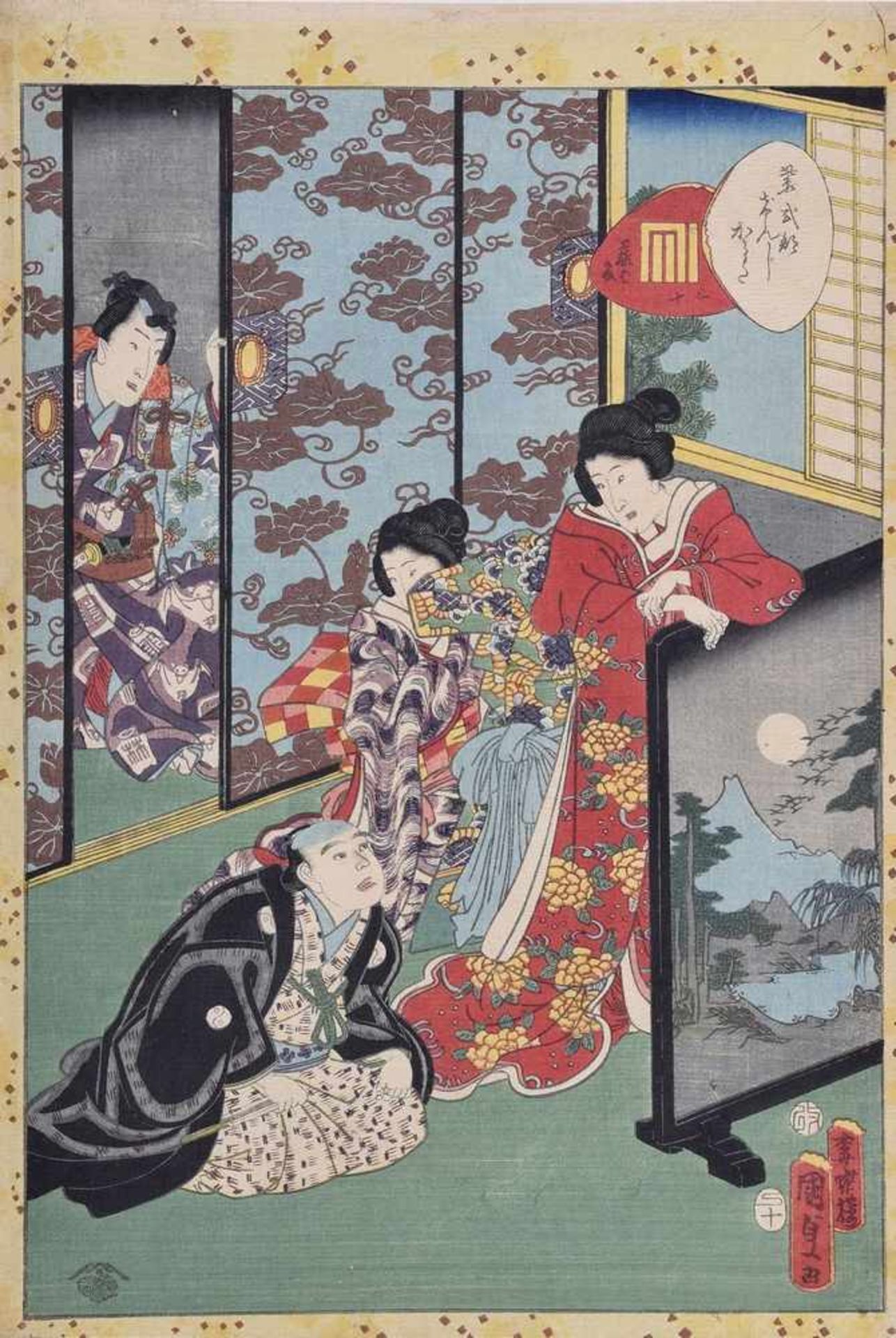 Kunisada II, Utagawa (1823-1880) "Häusliche Szene" mit Schmuckrand, Farbholzschnitt auf dickem
