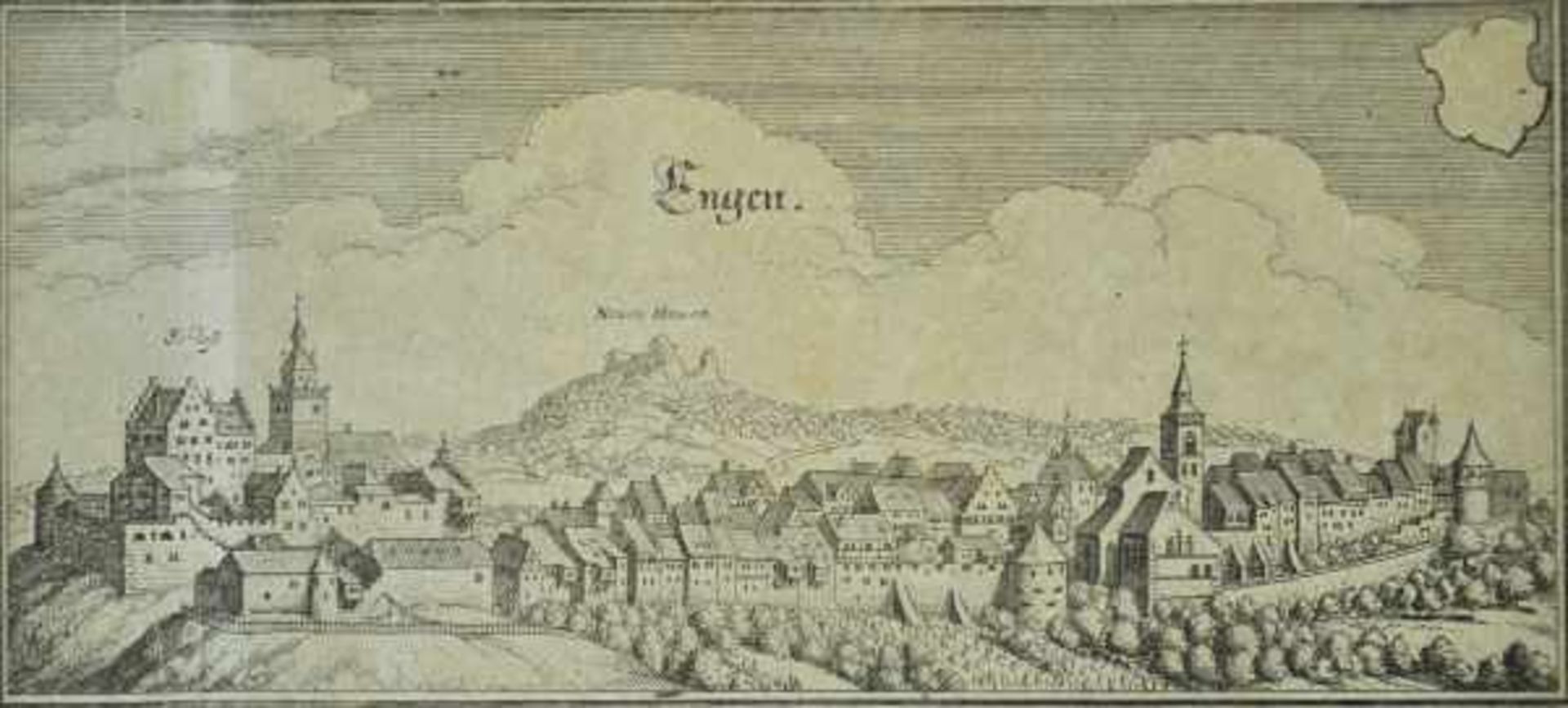 ANSICHT ENGEN mit Schloss, Stadtansicht u. "Newen Hewen", Kupfertsich, bez., 8,5x19cm, PP, R