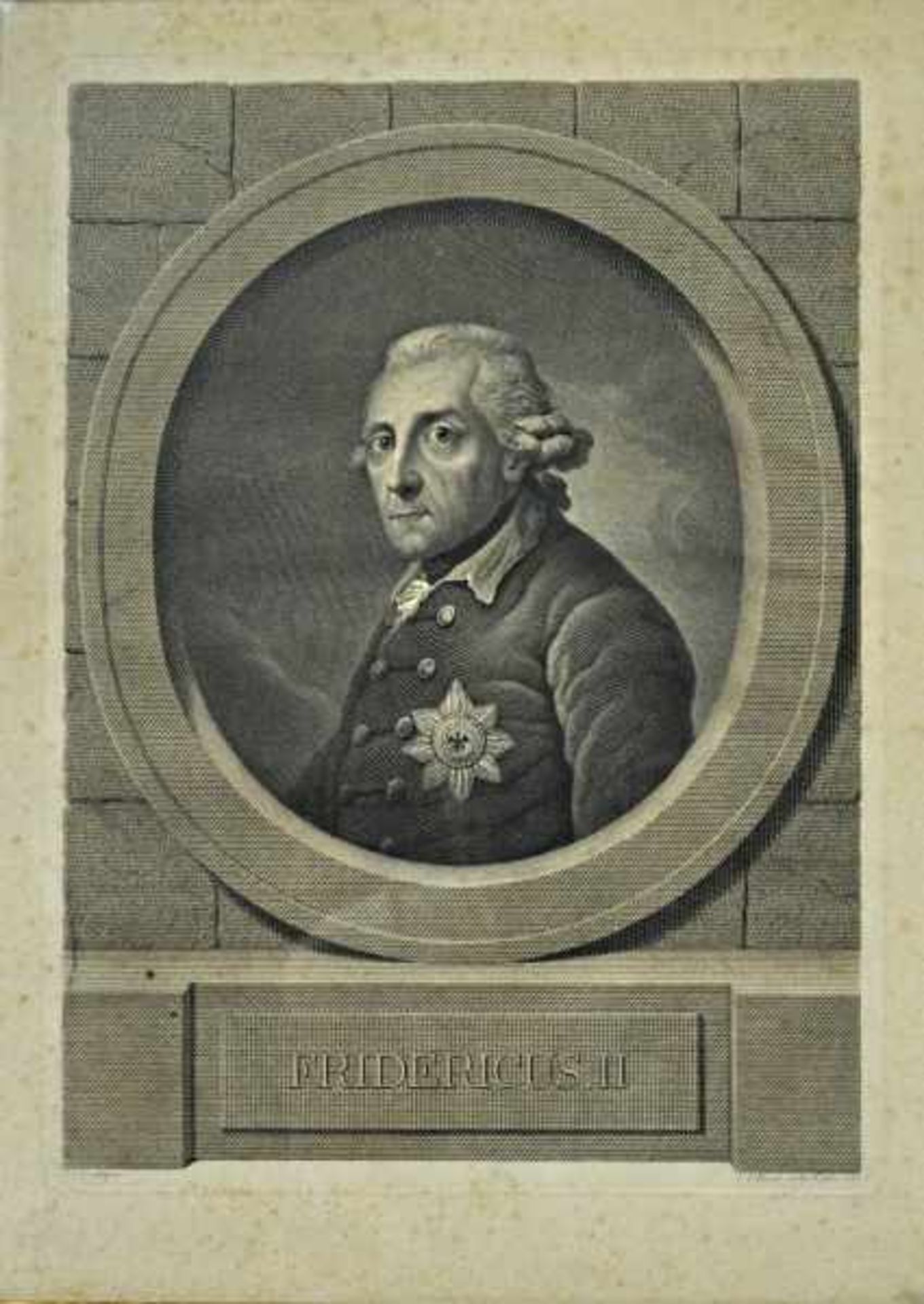 PORTRAIT "Friederich der Grosse", bez. "Fridericus II.", in Dreiviertelperspektive in Oval, nach