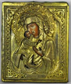 IKONE Muttergottes mit Jesuskind, farbige Kaseinmalerei mit seitlicher Beschriftung, auf Holz mit