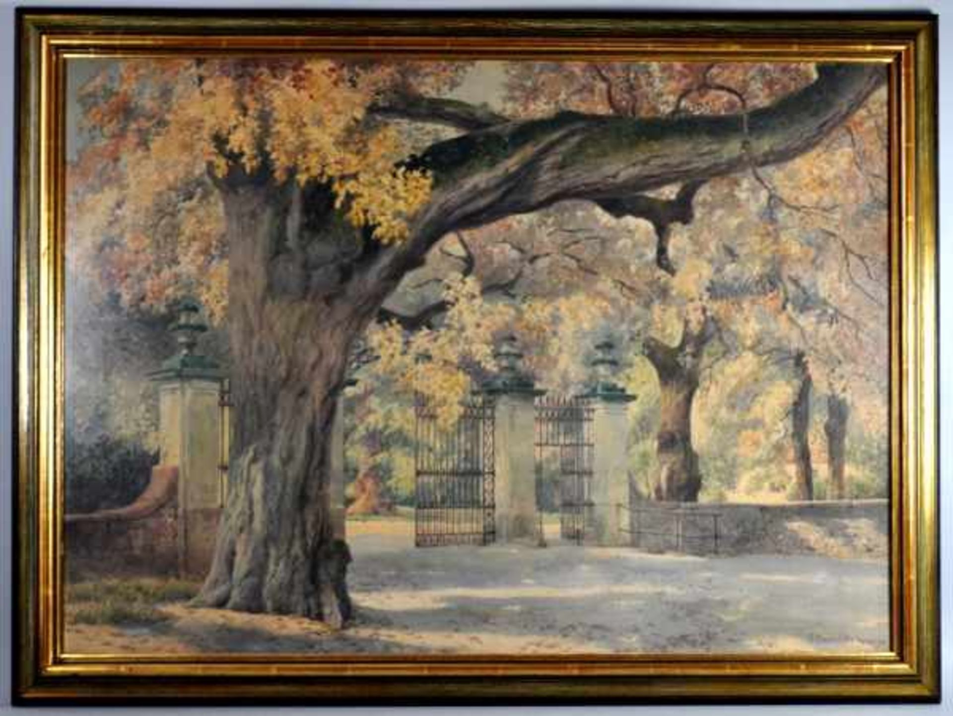 BAUMEISTER Hermann (1867 - 1944 Karlsruhe) "Blick auf Tor" mit großen Bäumen in weichem Licht, - Image 2 of 3