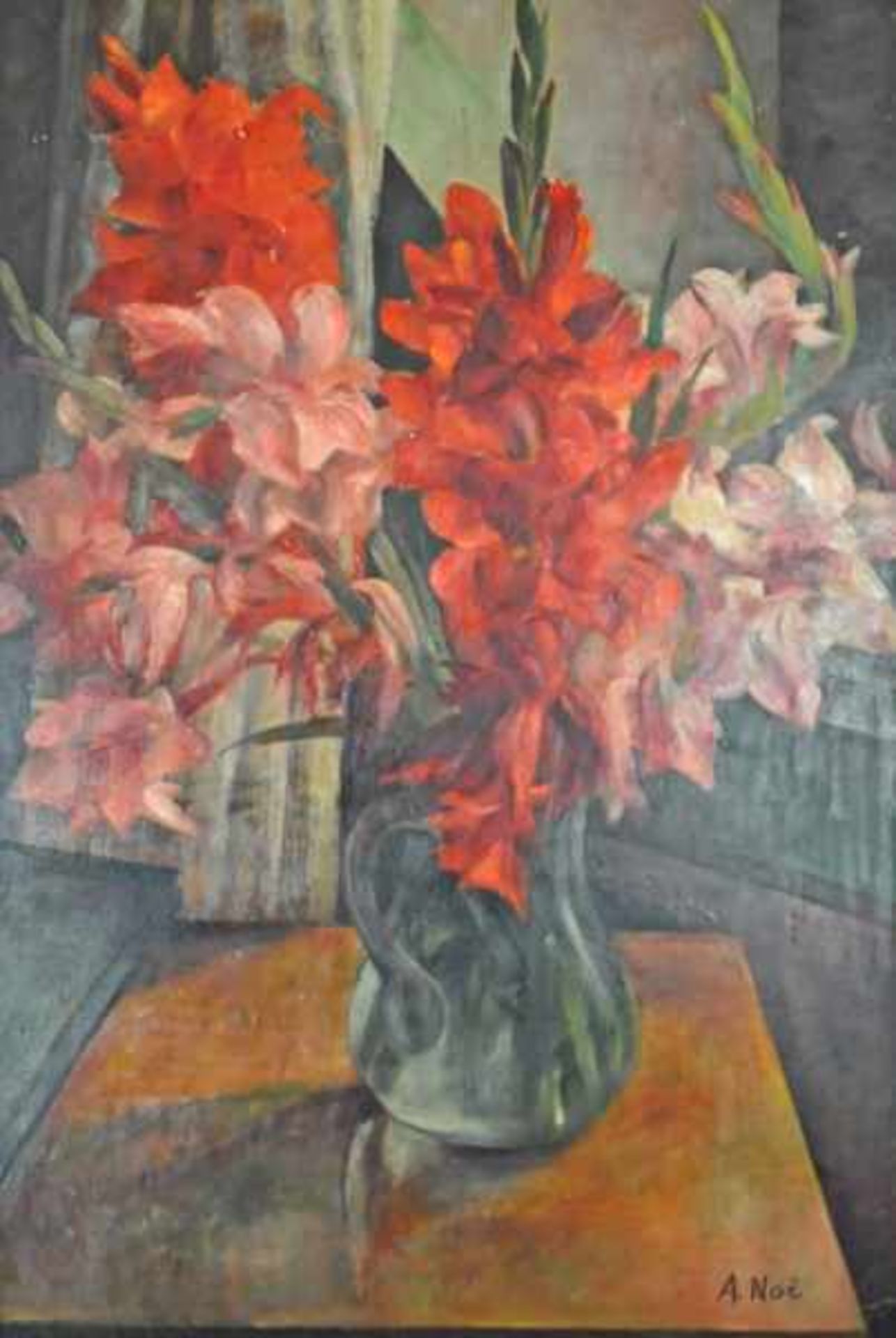 NOE Alfred (1903 Weiler/Höri - 2000 Karlsruhe) "Gladiolen" in rot u. rosa, auf Tisch in