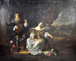 PORTAITIST (Frankreich 17./18.Jh.) "Paar beim Musizieren" Dame in Seidenkleid, sitzend, auf ihrem