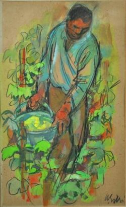 GILSI Rene (1905 - 2002 St. Gallen) "Weinernte" aufrechtstehender Herr mit Eimer inmitten von