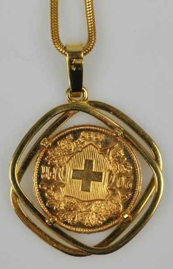 MÜNZANHÄNGER an Kette, 20 Vreneli, Schweiz, in Gelbgoldfassung 18ct, Schlangenkette mit