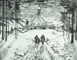 MADLENER Josef (1881 Amendingen - 1967 Memmingen) "Kirche" inmitten von winterlicher Landschaft,