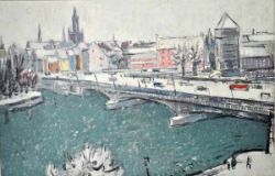 SAUERBRUCH Hans (1910 Marburg - 1996 Konstanz) "Rheintorbrücke im Winter", mit Rheintorturm u. Blick