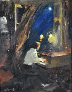 IWANOV Valerij (1961 Russland) "Frau beim Klavierspiel", mit Lampe, am offenen Fenster sitzend,
