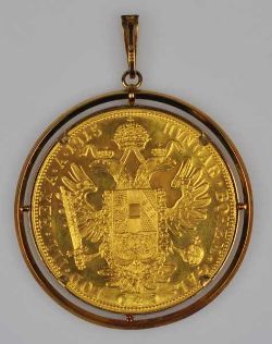 MÜNZANHÄNGER rund, Franz Josef II, Österreich, 4 Cor, in Gelbgoldfassung 14ct, 19,6g, D 46mm