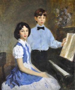 IWANOV Valerij (1961 Russland) "Kinder beim Musizieren", Mädchen am Klavier sitzend in weiß/blauem