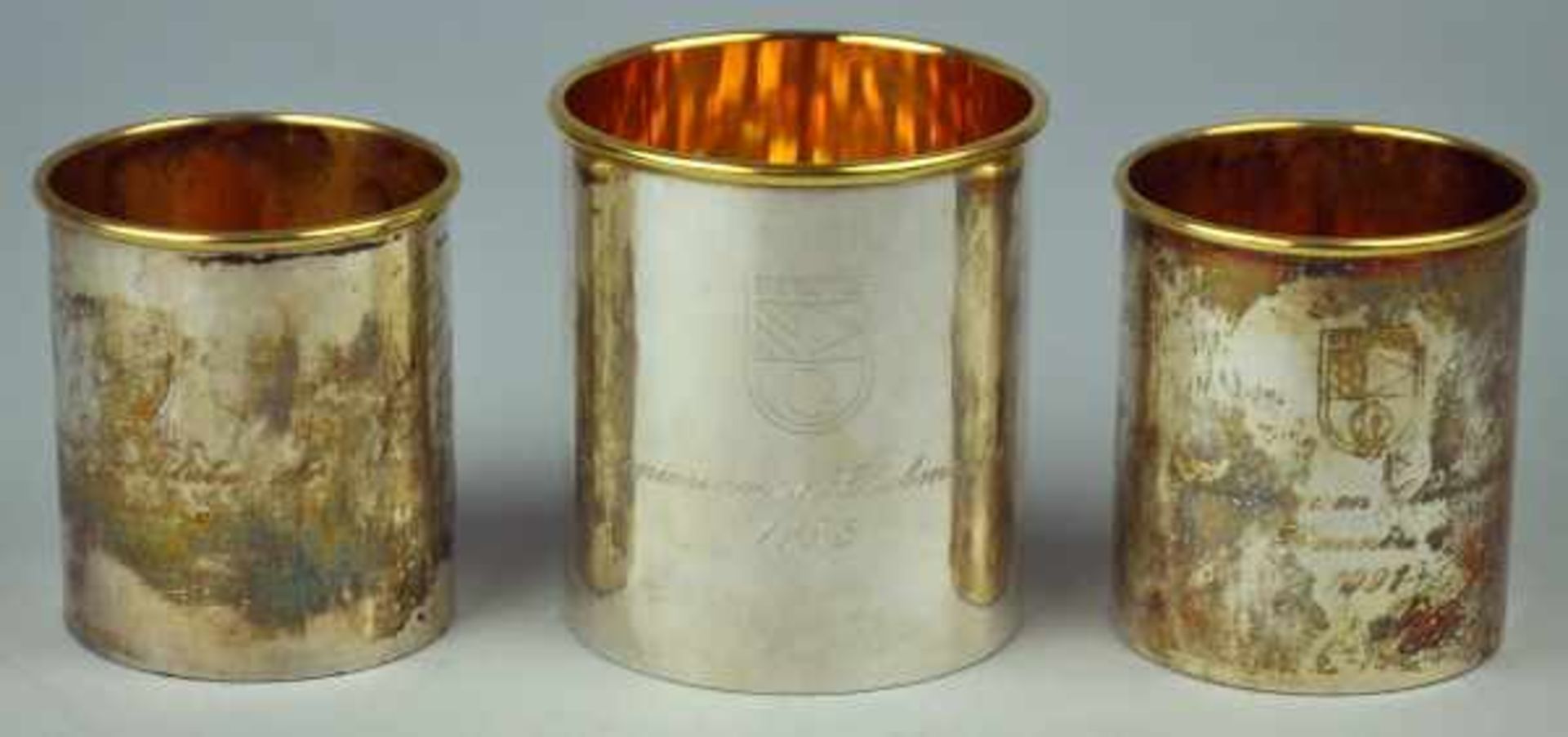 3 SILBERBECHER Golftrophäen, Innenvergoldung, Silber 925, 324gr, H 7cm (größter Becher)