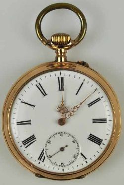 TASCHENUHR Handaufzug, Goldgehäuse 14ct, rückseitiger Deckel mit ziselierter Kartusche, Breguet-