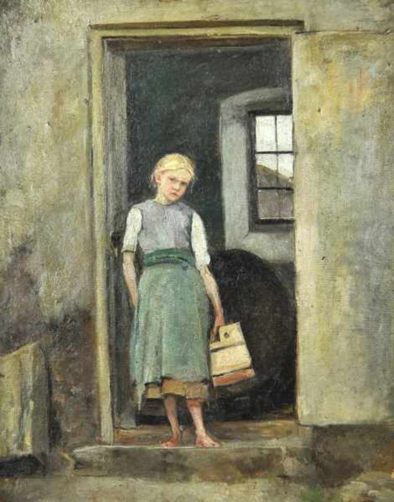 ROTH Alois (1869 - 1930) "Mädchen mit Butterfass vor Kellertür", Öl auf Malkarton, rücks. bez.,