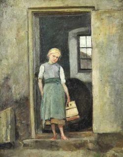 ROTH Alois (1869 - 1930) "Mädchen mit Butterfass vor Kellertür", Öl auf Malkarton, rücks. bez.,
