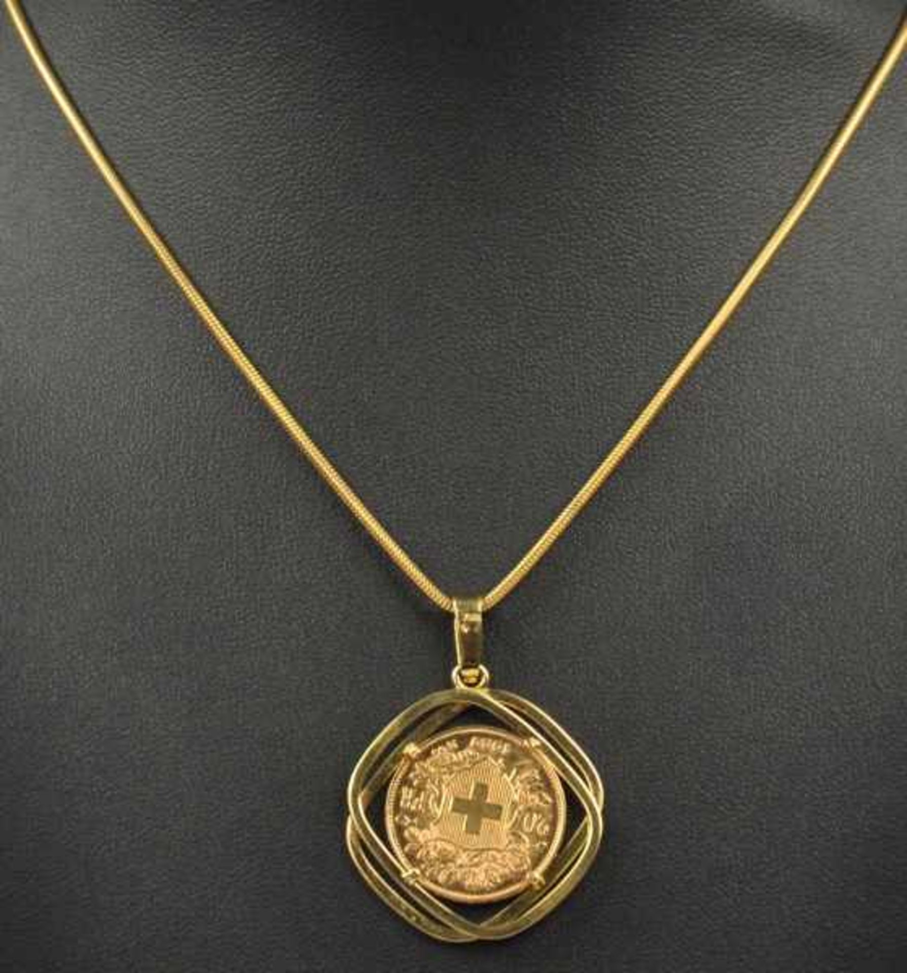 MÜNZANHÄNGER an Kette, 20 Vreneli, Schweiz, in Gelbgoldfassung 18ct, Schlangenkette mit - Bild 2 aus 4