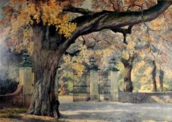 BAUMEISTER Hermann (1867 - 1944 Karlsruhe) "Blick auf Tor" mit großen Bäumen in weichem Licht,