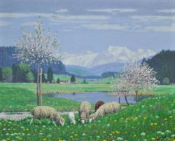MADLENER Josef (1881 Amendingen - 1967 Memmingen) "Grasende Schafsfamilie im Allgäu" in