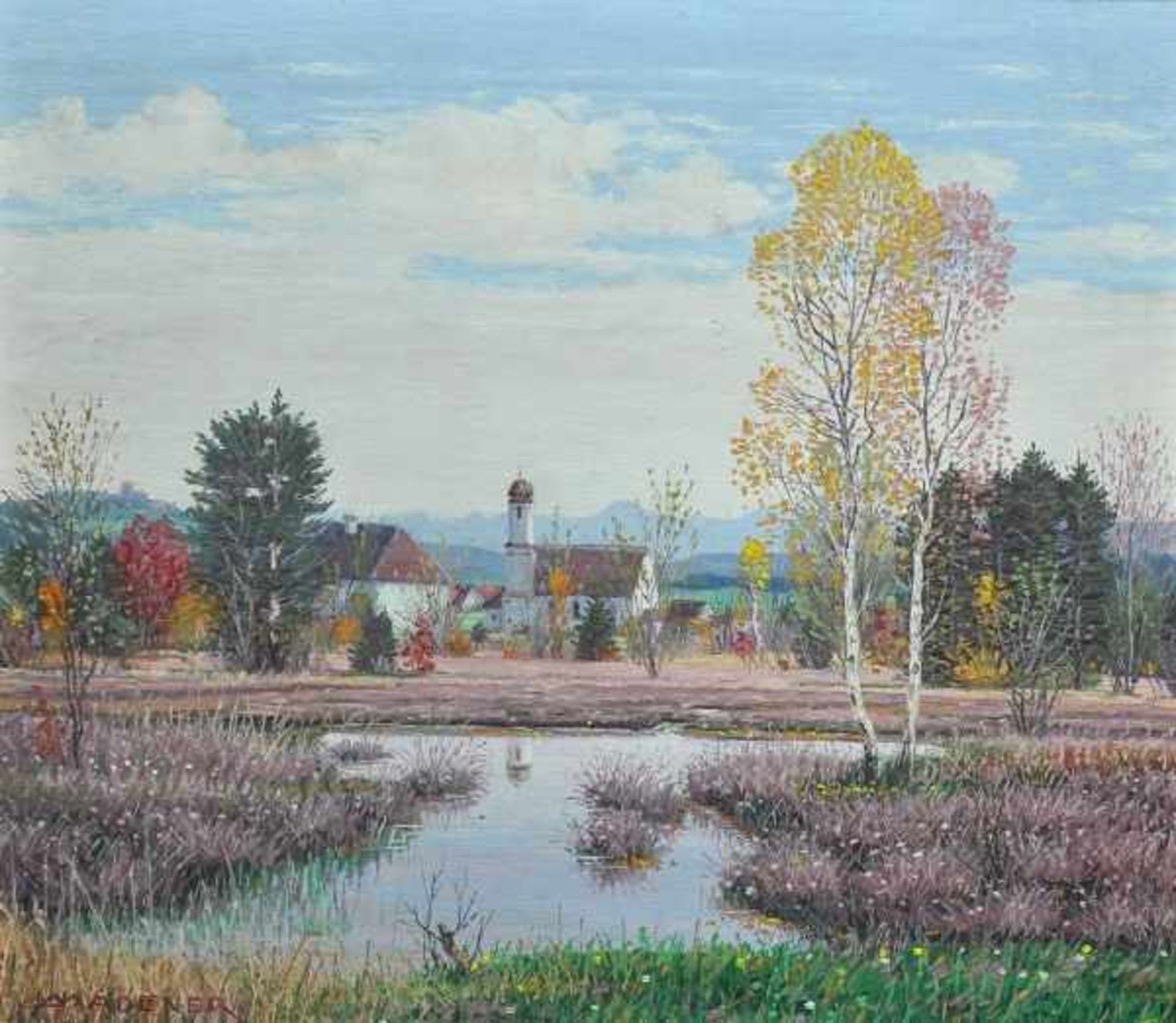 MADLENER Josef (1881 Amendingen - 1967 Memmingen) "Allgäuer Landschaft" Ortschaft mit Kirche, im