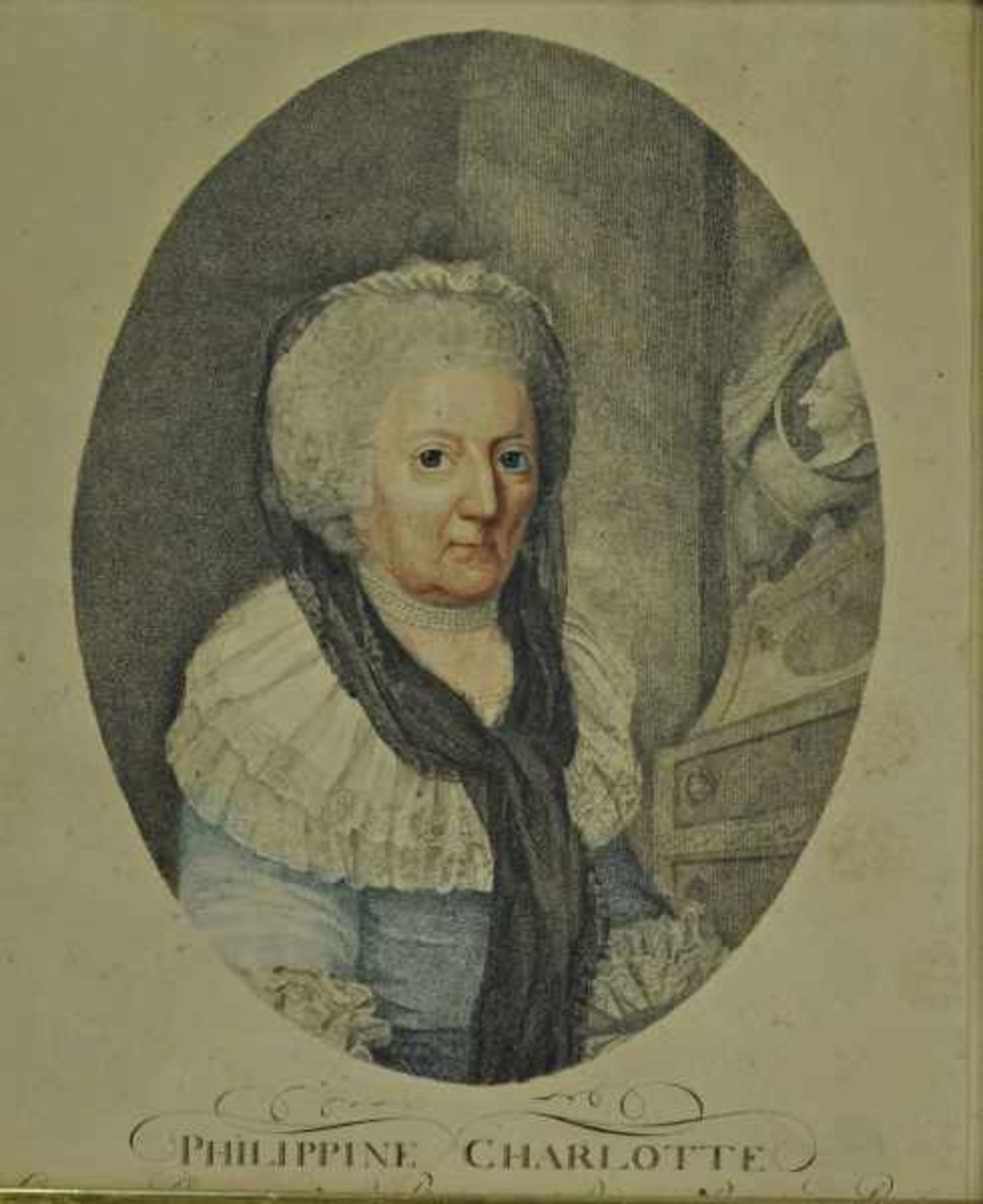 PORTRAIT "Philippine Charlotte von Preußen", Dreiviertelansicht in Oval, als Witwe dargestellt, nach