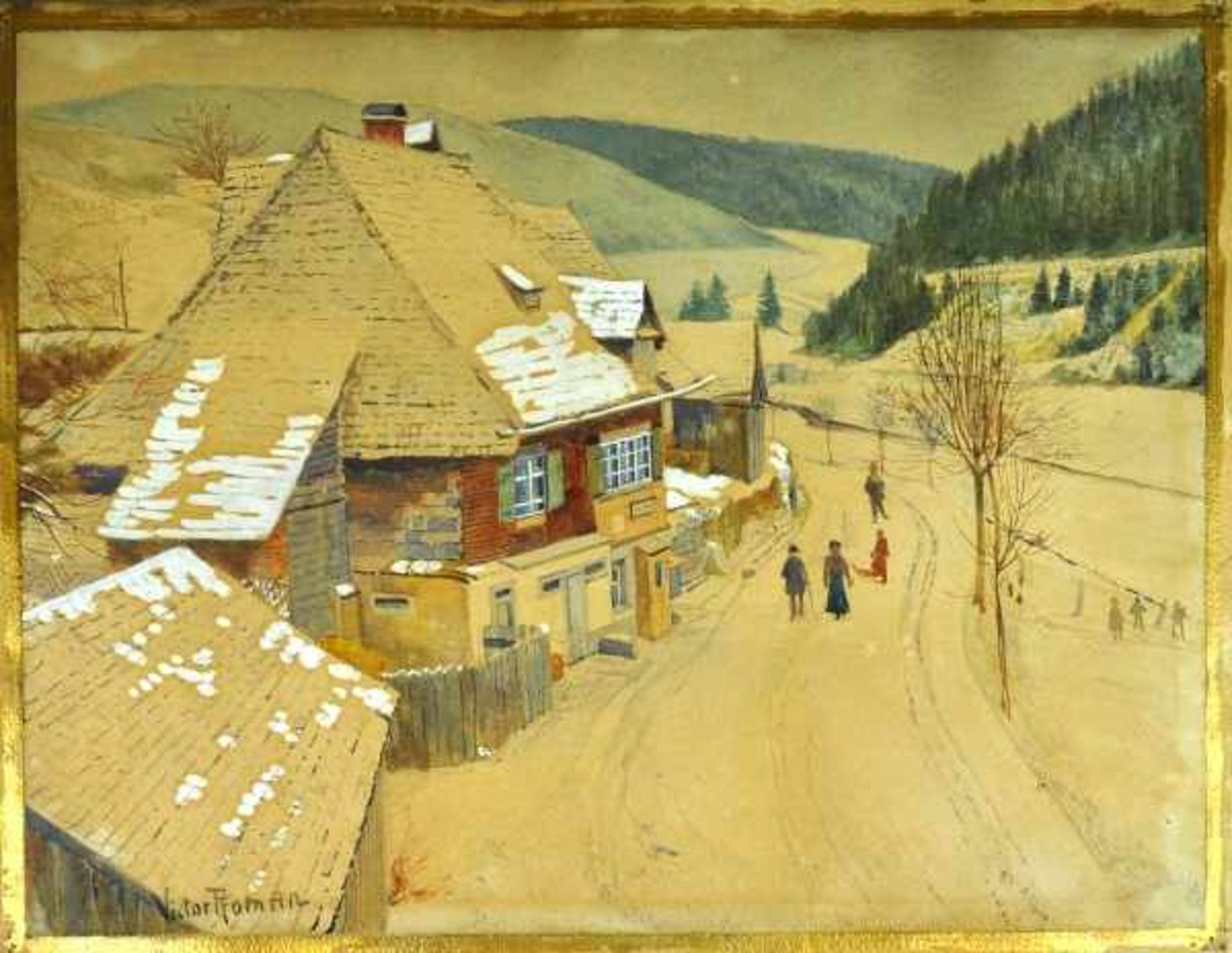 ROMAN Viktor (1841 Freiburg - 1916 Karlsruhe) "Hammereisenbach", Dorfstraße im Winter mit Häusern u.