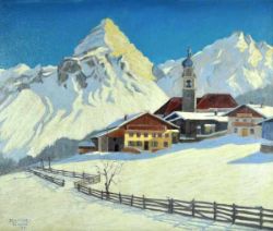 SCHÜTZ Johannes (1886 Schweiz - ?) "Zermatt" mit Matterhorn, Häuser des Dorfes mit Kirche in