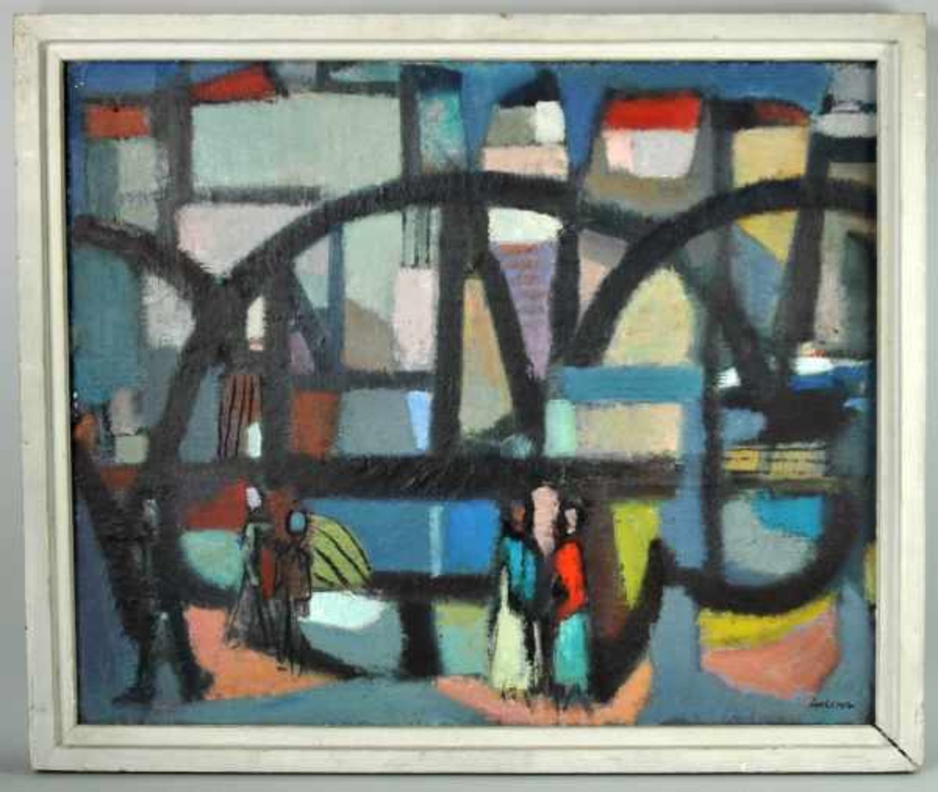 ADAM Otto (1901-1973 Konstanz) "Stadt mit Brücke" Öl auf Platte, links unten signiert, um 1954, - Bild 2 aus 4