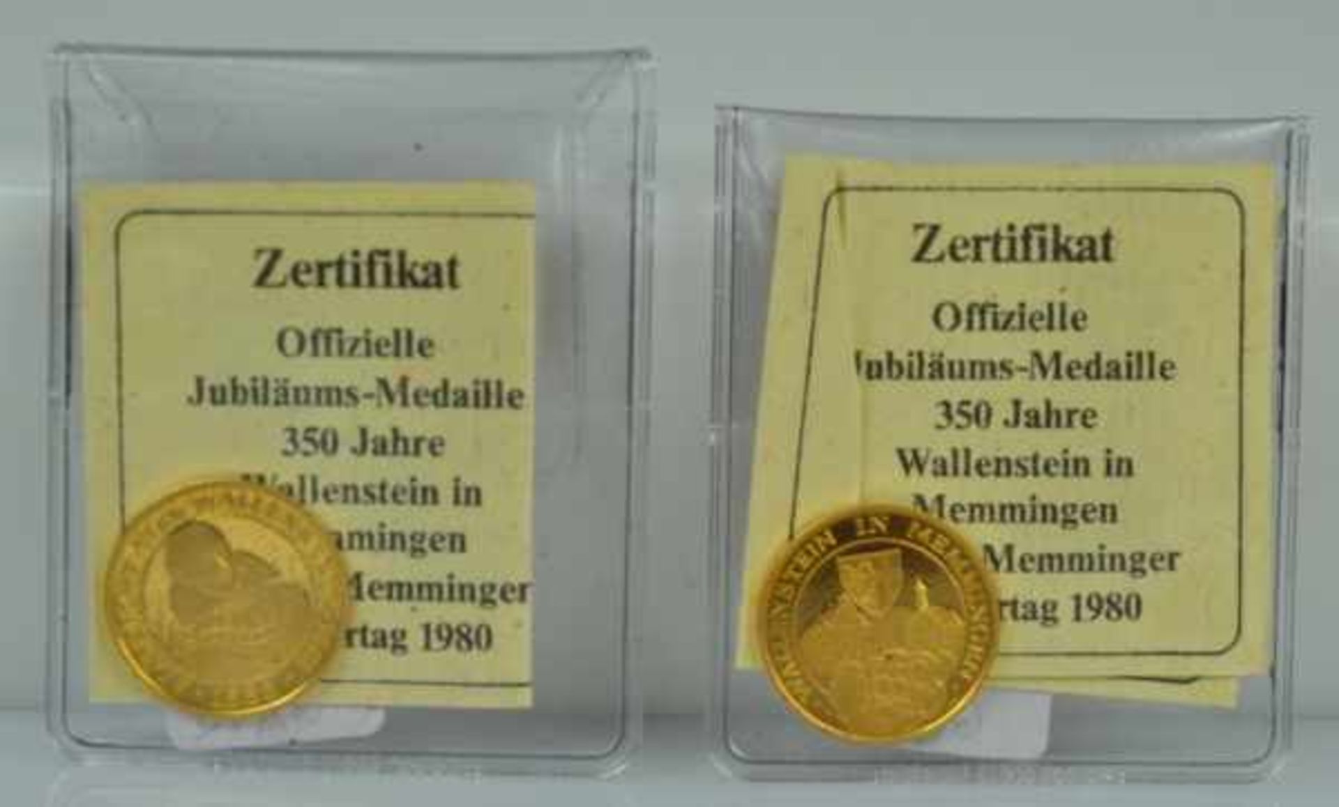 2 GOLDMEDAILLEN 350 Jahre Wallenstein in Memmingen, 1980, 5g, 4,96g