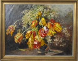 PETERS Anna (1843 Mannheim - 1926 Stuttgart) "Tulpenstrauß" gelb/rote Tulpen mit Schleierkraut in