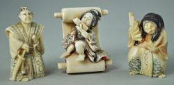 3 NETSUKE farbig staffiert, eine Figur mit beweglichem Kopf, wohl Futakuchi- onna, alle drei