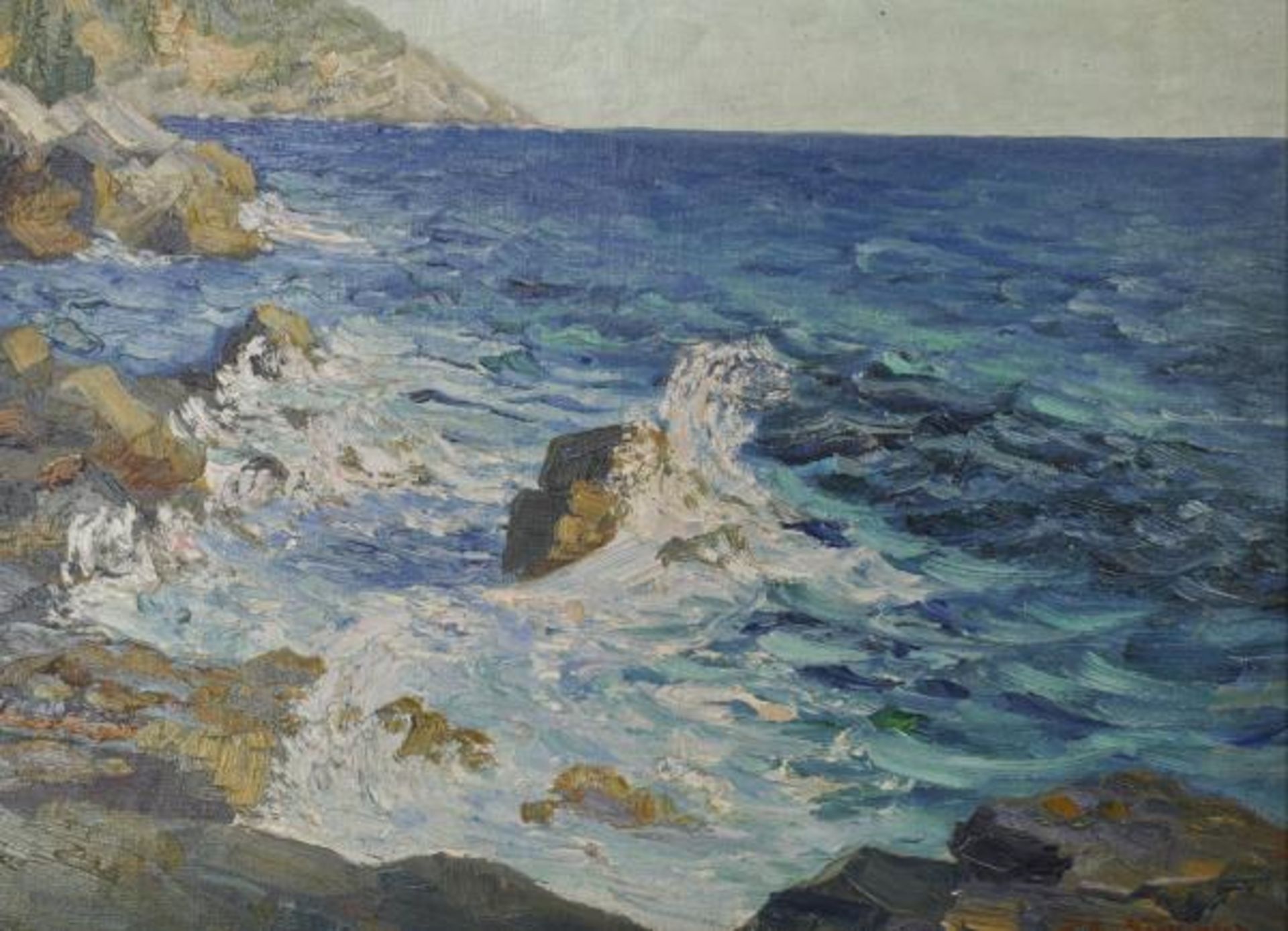 NEUHAUS Fritz Berthold (1882 Düsseldorf -?) "Küste mit Wellen", Ausblick auf Felsenküste mit