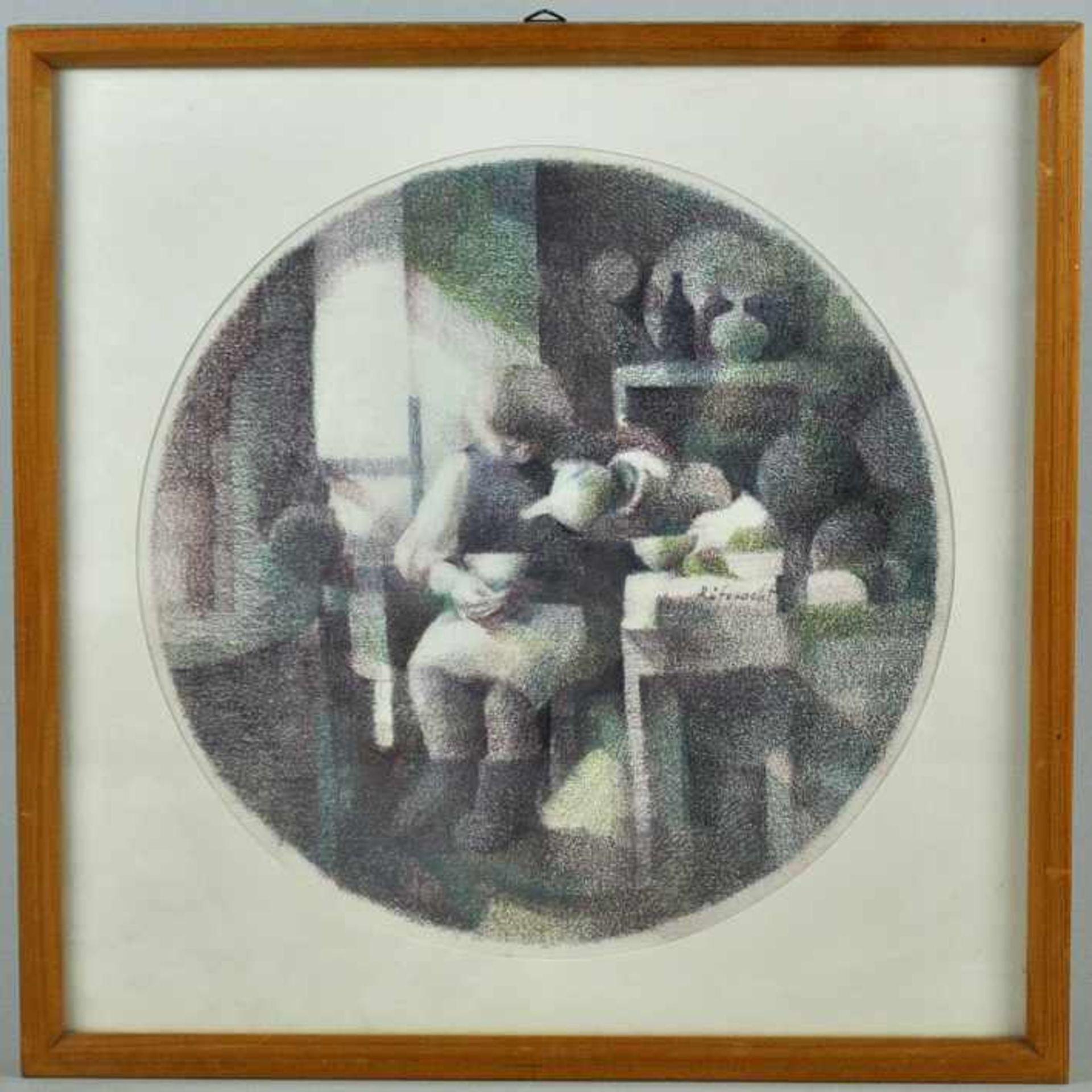 RÜFENACHT Peter (1935 Zürich) "Morgenkaffee", runde Farblithographie, signiert u. rückseitig - Bild 3 aus 5