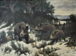 WEISGERBER Carl (1891 Ahrweiler - 1968 Düsseldorf) "Wildschweine" in verschneitem Wald, Öl auf